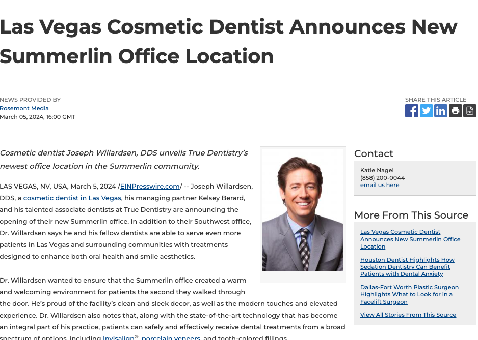 Las Vegas cosmetic dentist Joseph Willardsen, DDS announces the opening of the new True Dentistry office in Summerlin.
